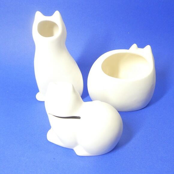 3 White Cat Figurines Bank Vase Takahashi Japan Ceramic Vintage 1980s - Picture 6 of 12